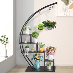 Artisasset 5 Layers Semicircle Iron Wood Suitable For Garden Balcony Patio Lawn Home Decoration Plant Stand Flower Pot Stand Iron Flower Stand Black